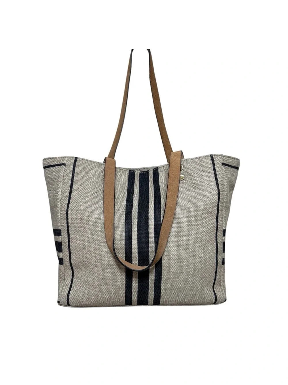 J Jill Linen Italian Leather Stripe Tote Bag Coastal Grandma Hamptons Chic Large